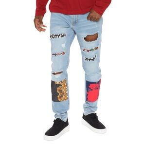 Fashion Nova Men Medium Wash Blue Big Time Patchwork Skinny Jeans Size 38
